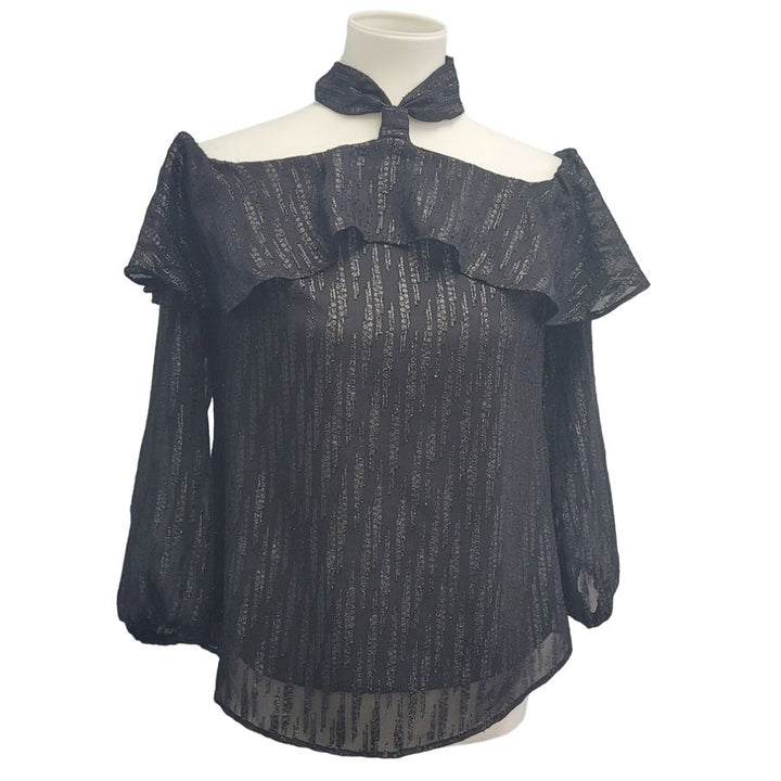 Beige by Eci Womens Small Black Polyester Long Sleeve Sheer Sparkle Lined Top