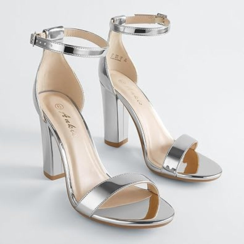 Ankis Womens Size 6.5 Shiny Silver Ankle Strap 4" Chunky Heels Open Toe Shoes