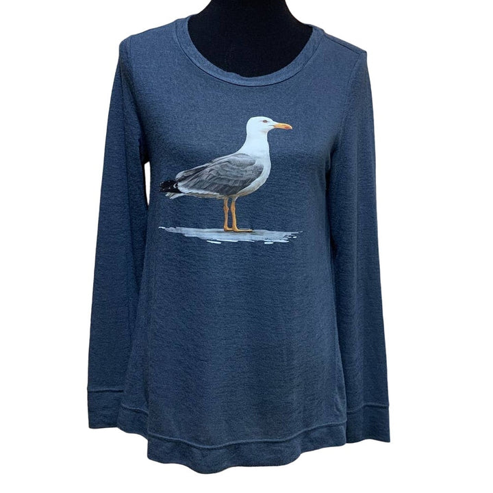 Hand Printed Upcycled Womens Medium Watercolor Summer Seagull Bird Long Slve Tee