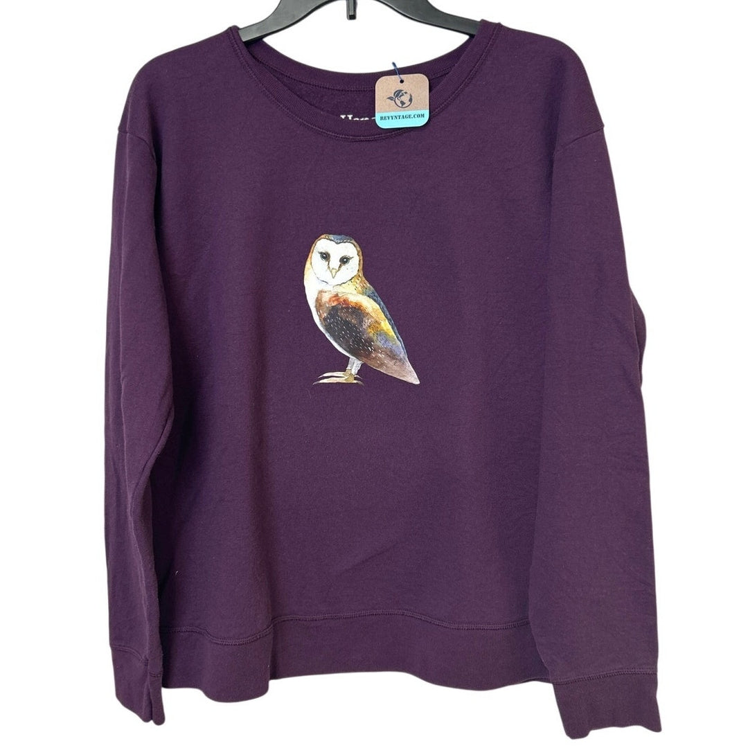 Upcycled Hand Printed Womens XL Woodland Owl Bird Long Sleeve Sweatshirt