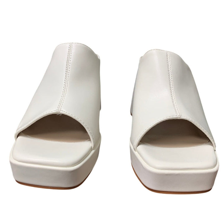 Womens Size 9 White Faux Leather 4" Platform Block Heel Open Toe Slide On Shoes