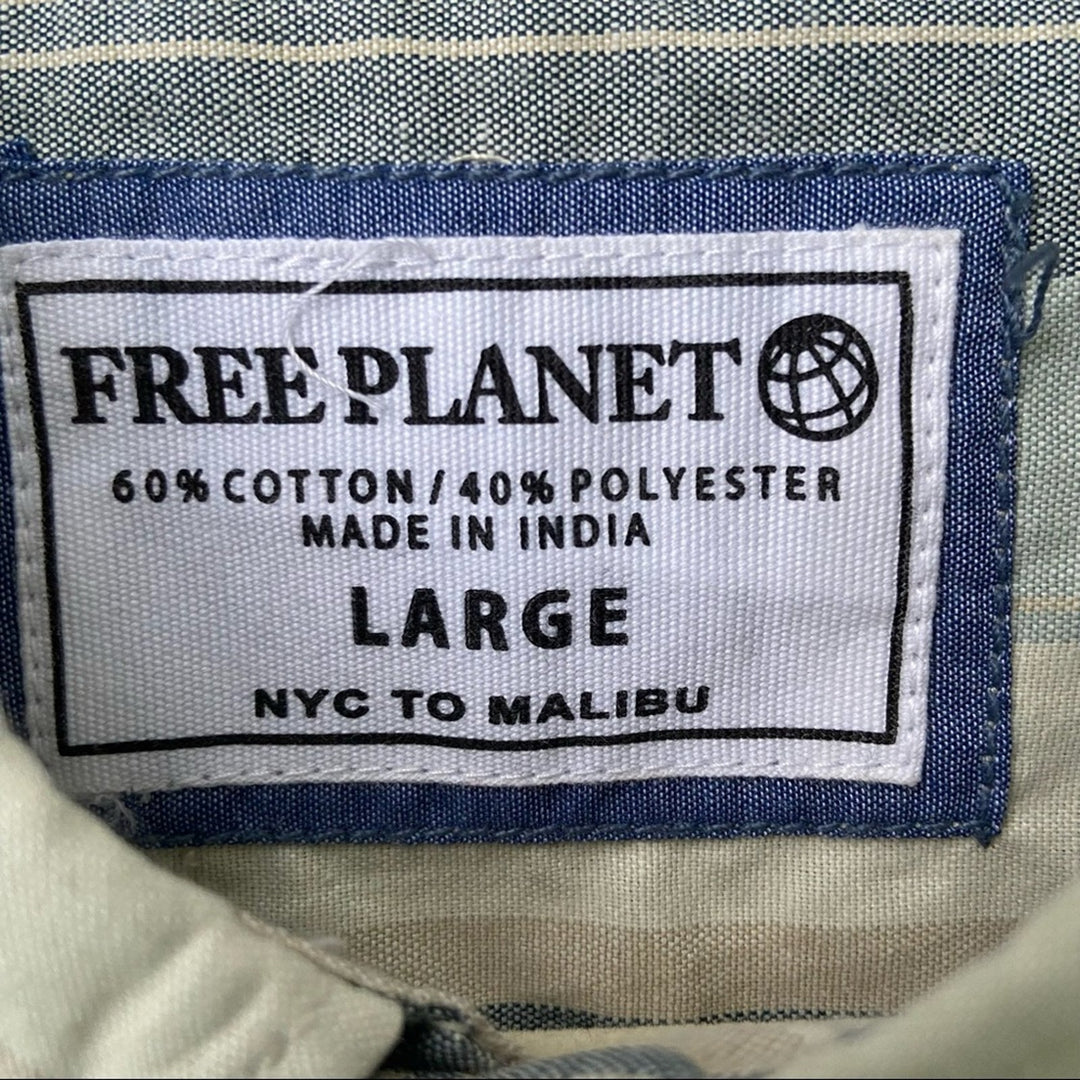 NWT New Free Planet Mens Large PolyCotton Blue Striped Button Up Collared Shirt