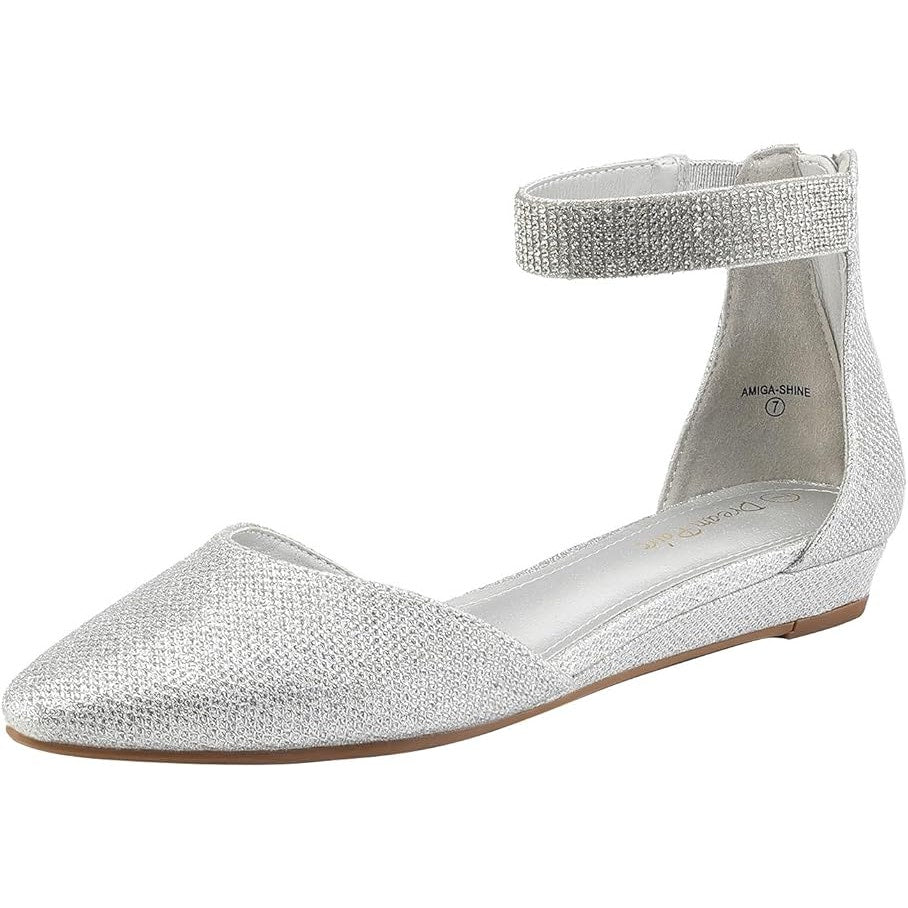 Dream Pairs Womens Size 7 Silver Rhinestone Glitter Ankle Strap Flats Shoes