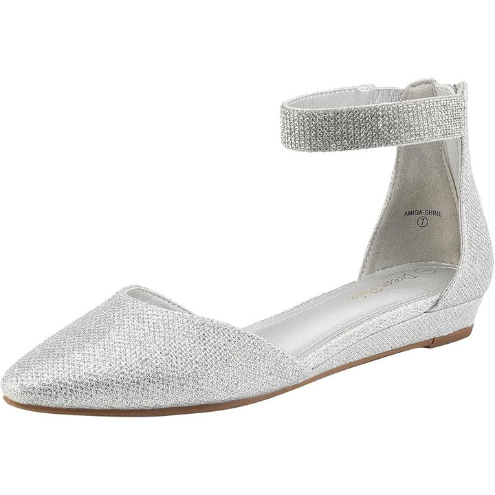 Dream Pairs Womens Size 7 Silver Rhinestone Glitter Ankle Strap Flats Shoes