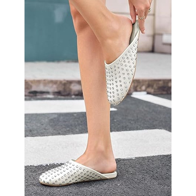 Coutgo Womens Size 11 White Silver Rhinestone Closed Toe Slide On Mules Flats