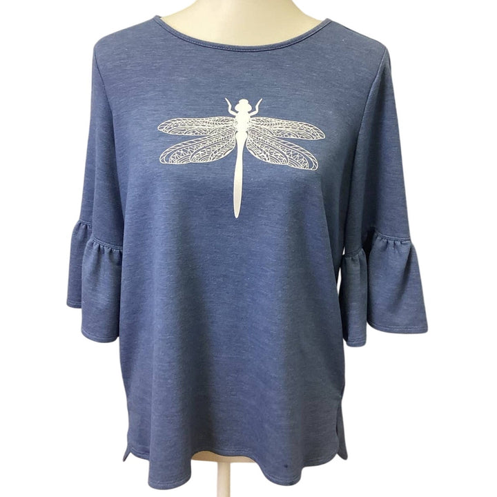 Hand Printed Upcycled Medium Dragonfly Crew Neck Ruffled Sleeve Hi Low Blouse