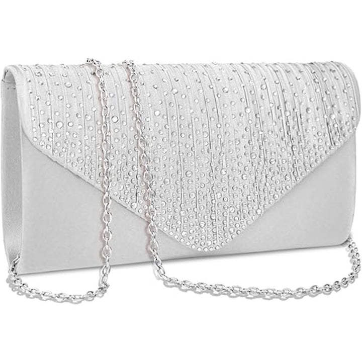 Gray Silver Rhinestone Satin Envelope Evening Optional Chain Clutch Purse