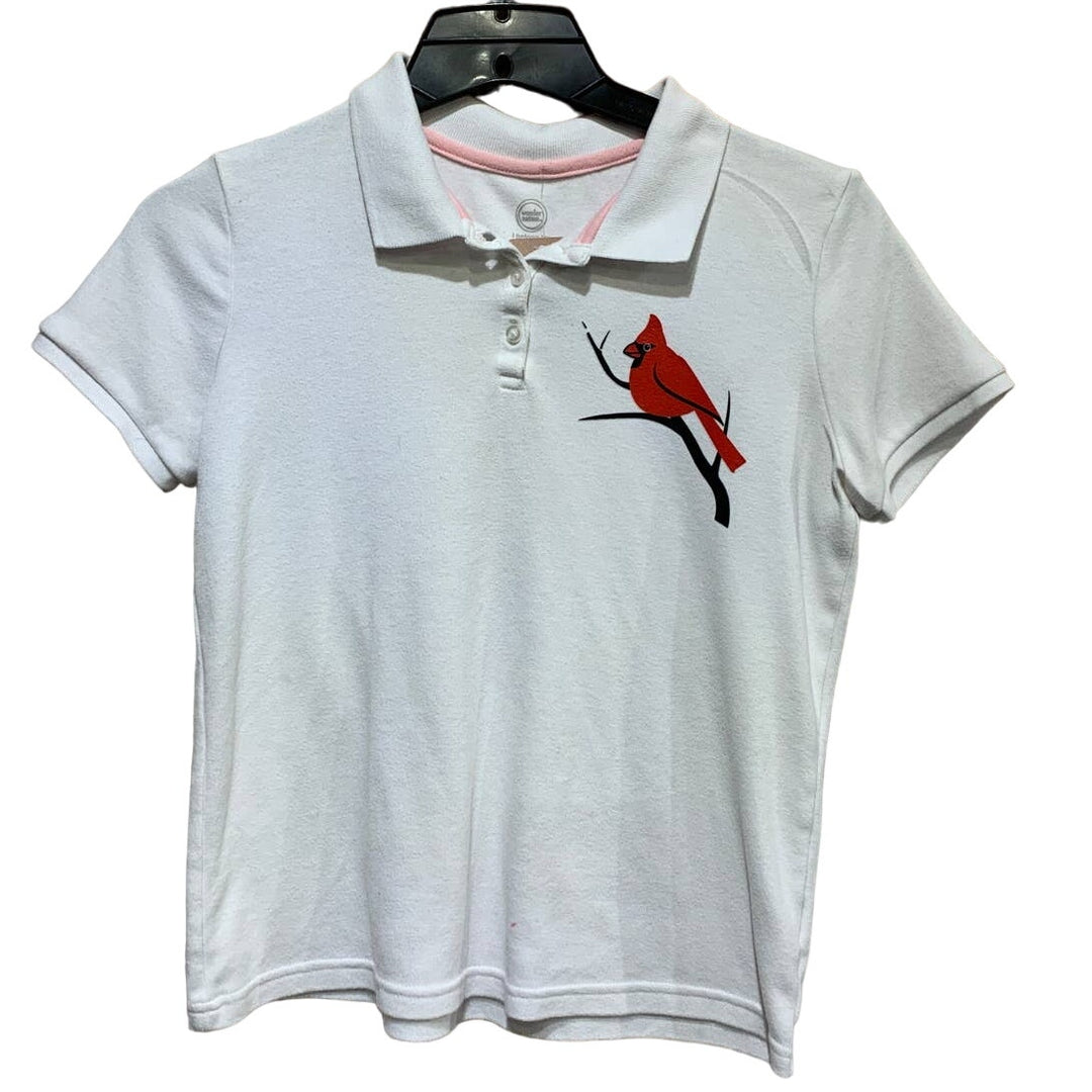 Hand Printed Upcycled Kids Large (10/12) Cotton Blend Cardinal Bird Polo Shirt