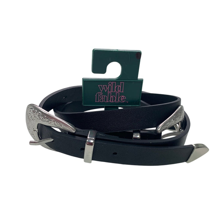 New Wild Fable Womens Double Silver Country Buckle Black Bonded Leather Belt