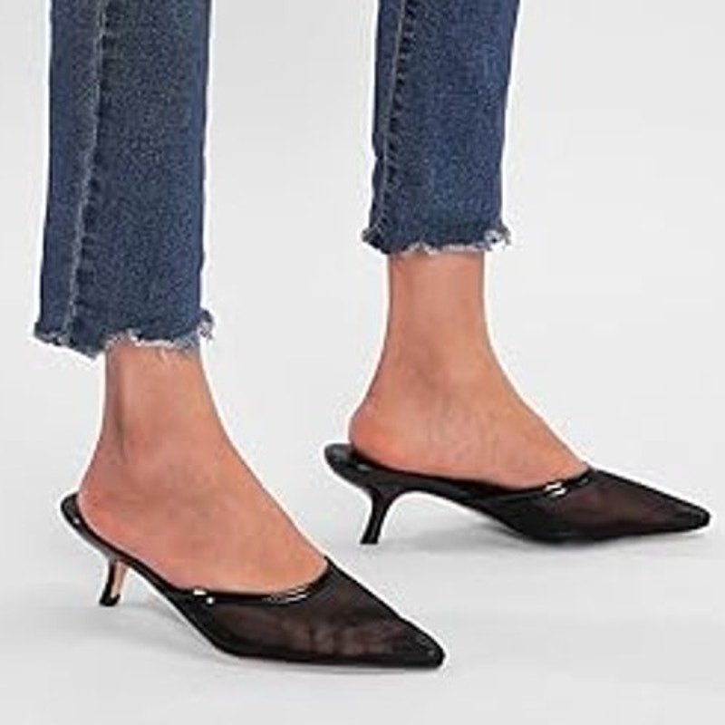 Riekhany Womens Size 10 Black Mesh Pointy Toe 2" Kitten Heel Mule Slide On Shoes