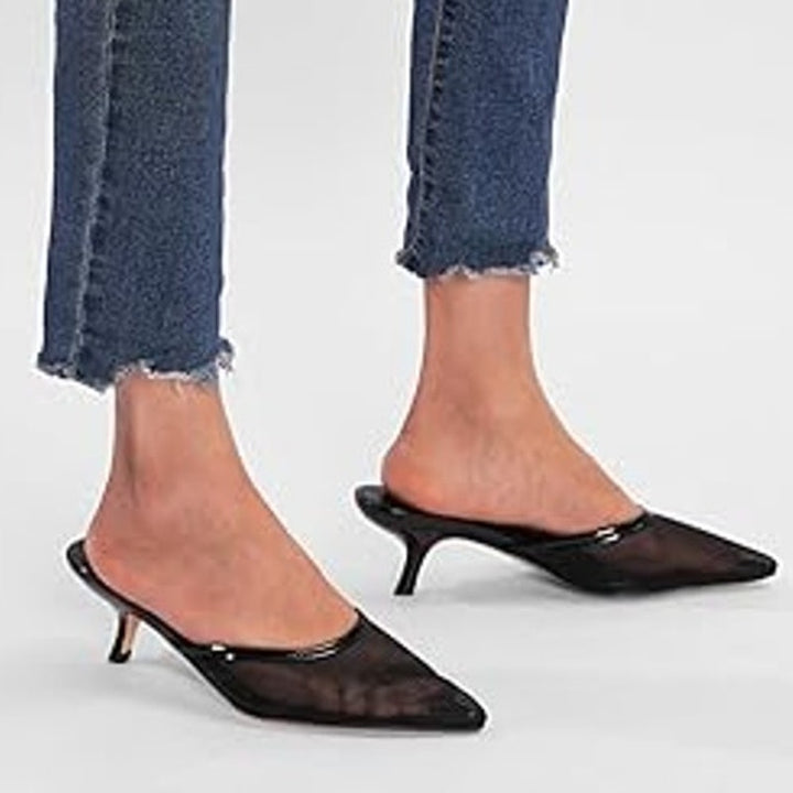 Riekhany Womens Size 10 Black Mesh Pointy Toe 2" Kitten Heel Mule Slide On Shoes