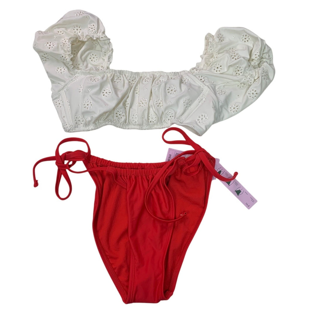 New Wild Fable Womens Small 2PC White Eylet Lace Red Bikini Swim Suit Set