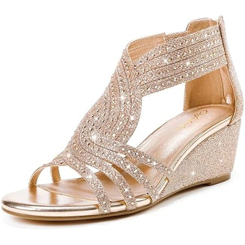 Gufobela Womens Size 7.5 Rose Gold Rhinestone Open Toe 2.5" Heel Sandal Shoes