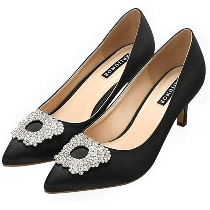 EriJunior Womens 8.5 Black 2.5" Heel Rhinestone Brooch Closed Pointed Toe Shoes