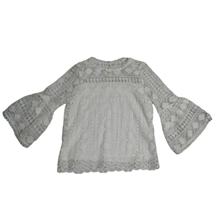 Ellison Womens Medium Cream Boho Bell Sleeve Crochet Overlay Layered Blouse