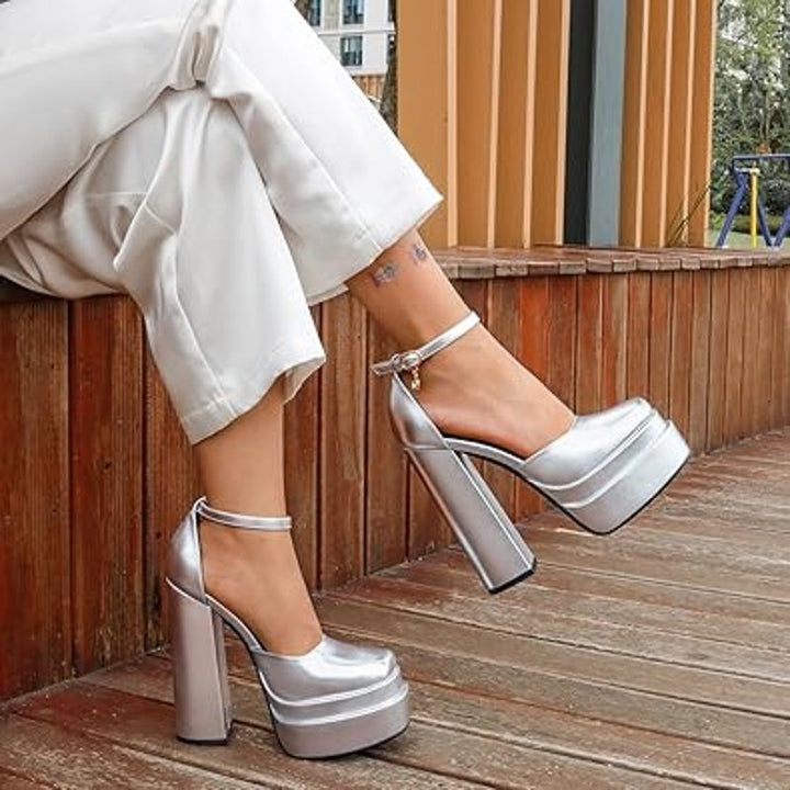 Merumote Womens 10 Disco Silver 6.5" Platform Heel Closed Toe Ankle Strap Shoes