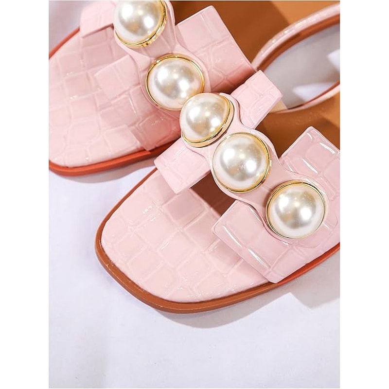 Verdusa Womens Size 8.5 Pink Faux Leather Pearl Slide On Flat Sandal Shoes