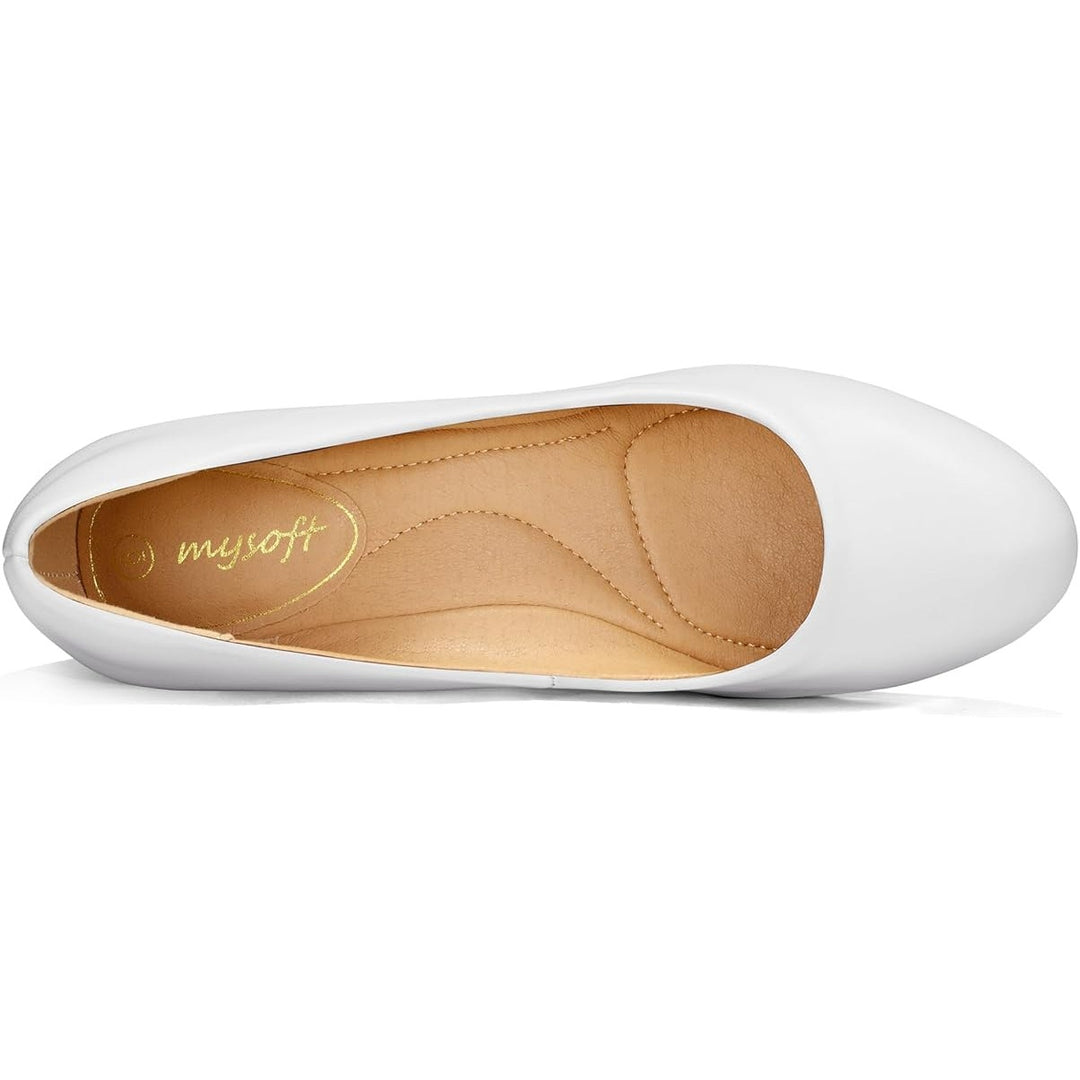 Mysoft Womens Size 8 White Rounded Toe 2.25" Block Heel Slide On Pumps Shoes