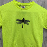 Hand Printed Upcycled Kids Medium Dragonfly Neon Yellow Short Sleeve Tee Shirt