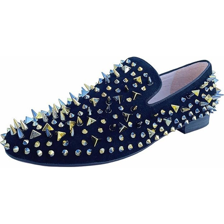 Justar Mens 11 Black Suede Leather Gold Spikes Studded Loafer Slide On Shoes