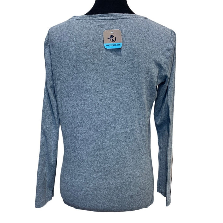 Hand Printed Upcycled Womens Large Gray Hawk Bird Long Sleeve Tee Shirt