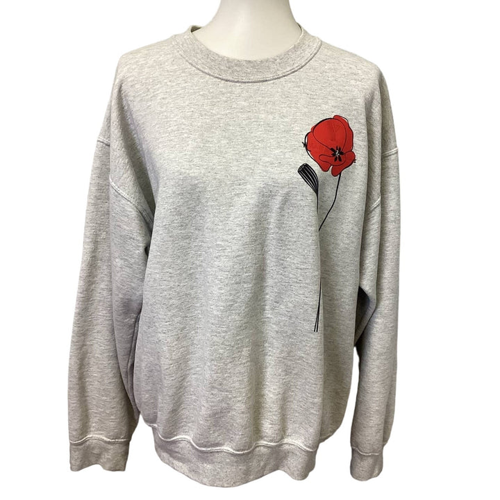 Hand Printed Large Upcycled Red Poppy Flower Long Sleeve Crew Neck Sweatshirt