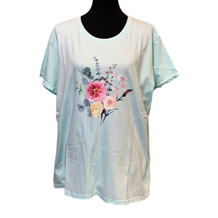 New Hand Printed 2X Pink Watercolor Summer Flower Peony Aster Bouquet Cotton Tee