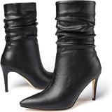 Vivianly Womens 9 Black Faux Leather Pointed Toe 3.5" Heel Slouch Ankle Boots