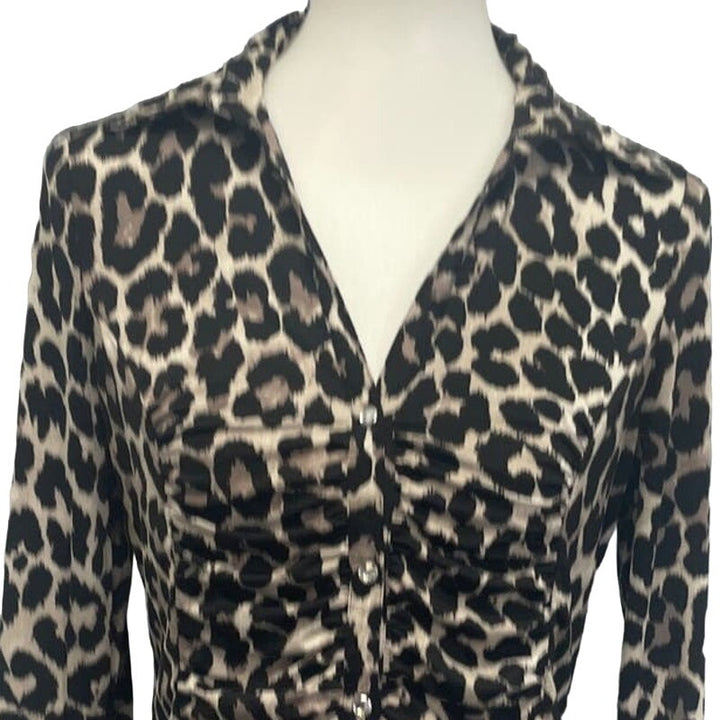INC Womens Medium Button Front Long Tabbed Sleeve Leopard Print Blouse