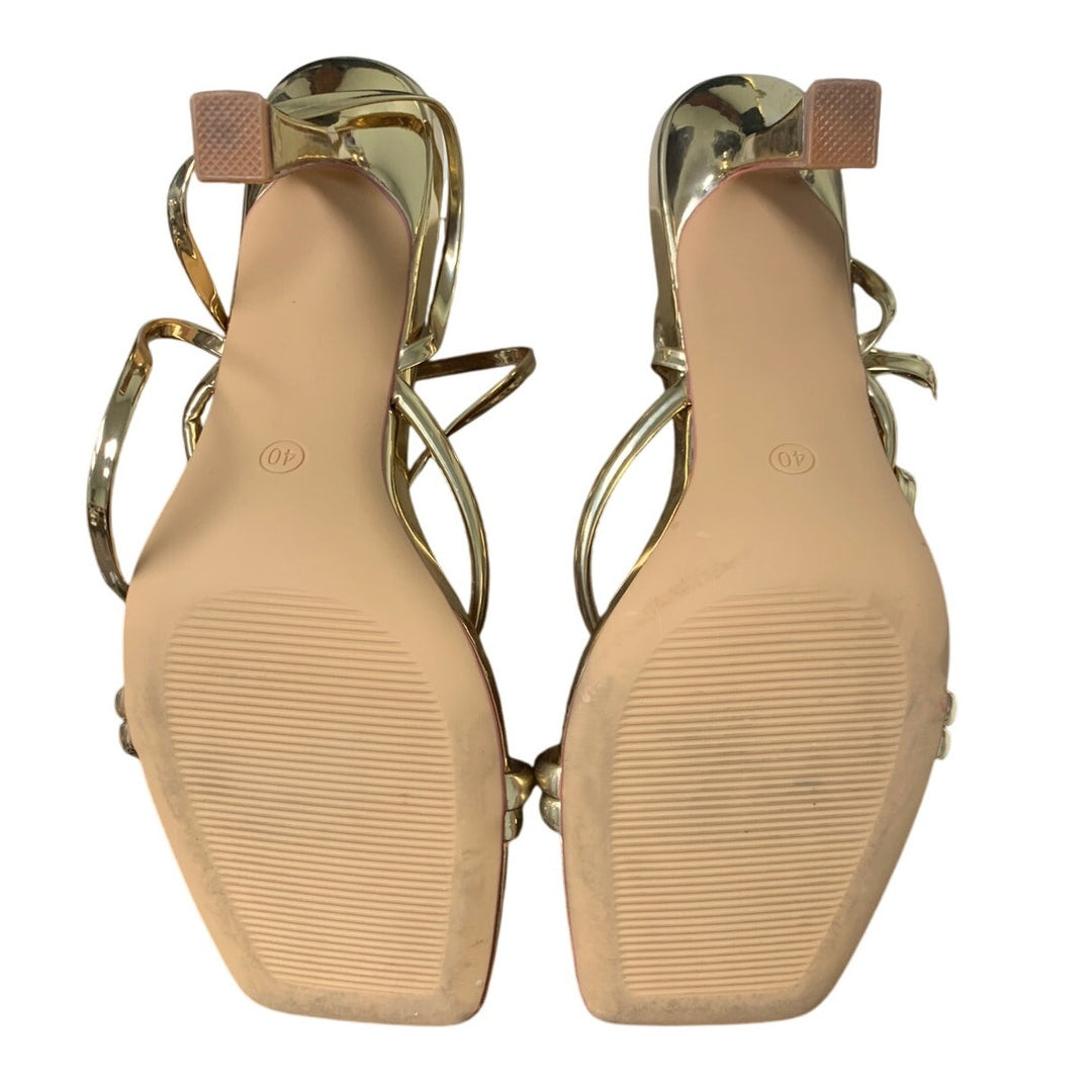 Mostrin Womens 9.5 Shiny Gold Strappy Open Toe 4" Heel Leg Wrap Sandal Shoes