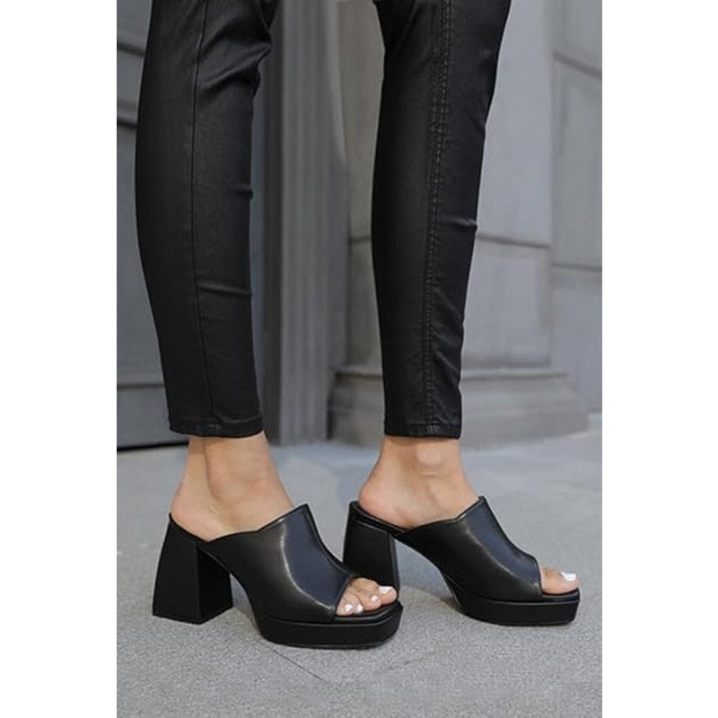 Coutgo Womens Size 7.5 Black Faux Leather 4" Platform Peep Toe Mule Sandal Shoes