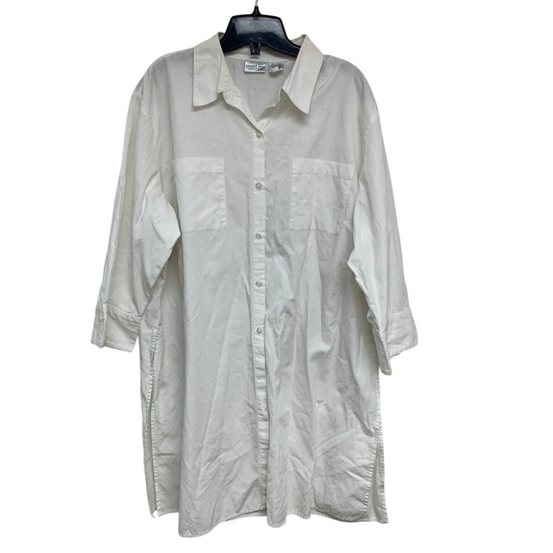 Newport News Womens 2X White 100% Cotton Long Sleeve Button Up Shirt Dress