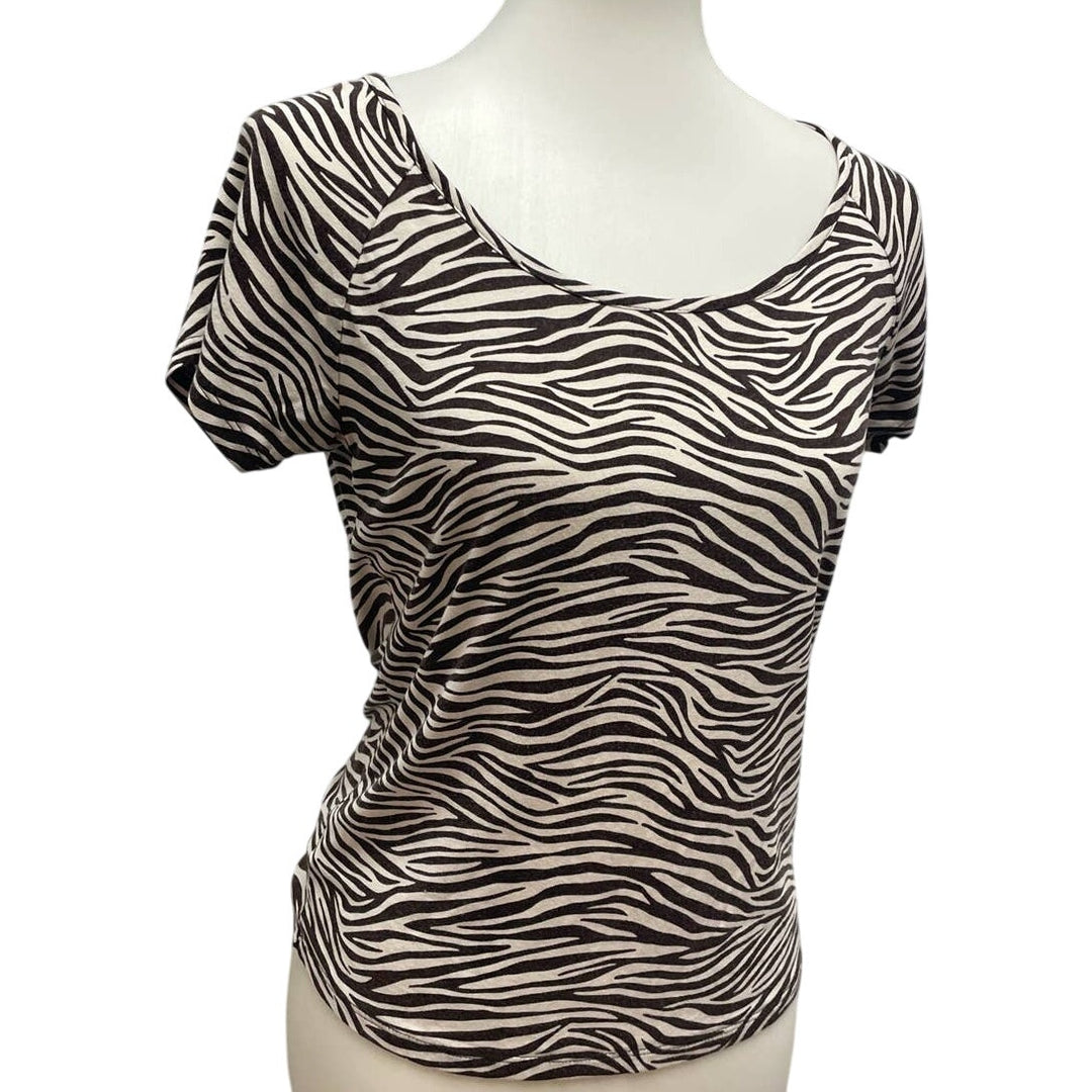 Michael Kors Womens Medium Zebra Stripe Short Sleeve Stretchy Rayon Blend Top