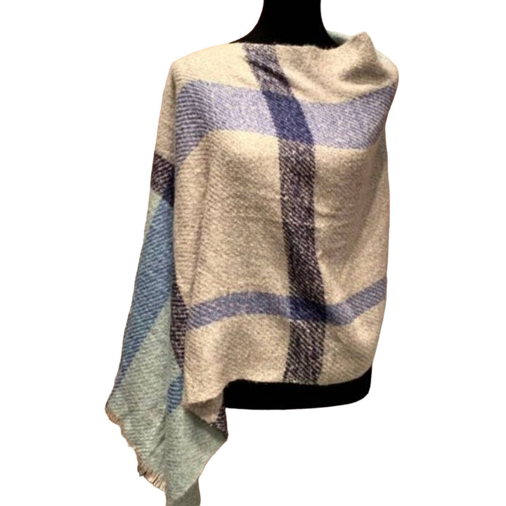 Handmade Upcycled 100% Acrylic Blue White Plaid Warm Fringed Poncho Wrap