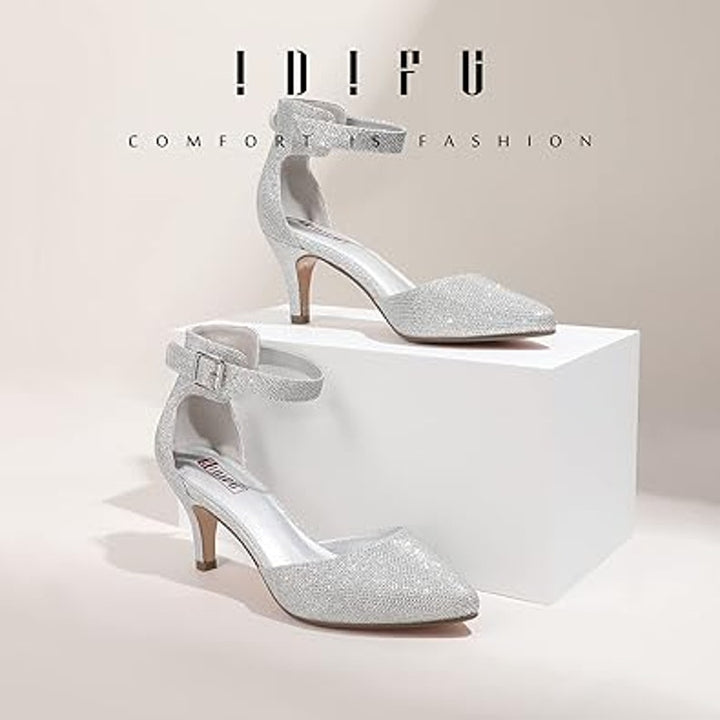 Idifu Womens 8 Silver Glitter 3" Kitten Heel Pointed Close Toe Ankle Strap Shoes