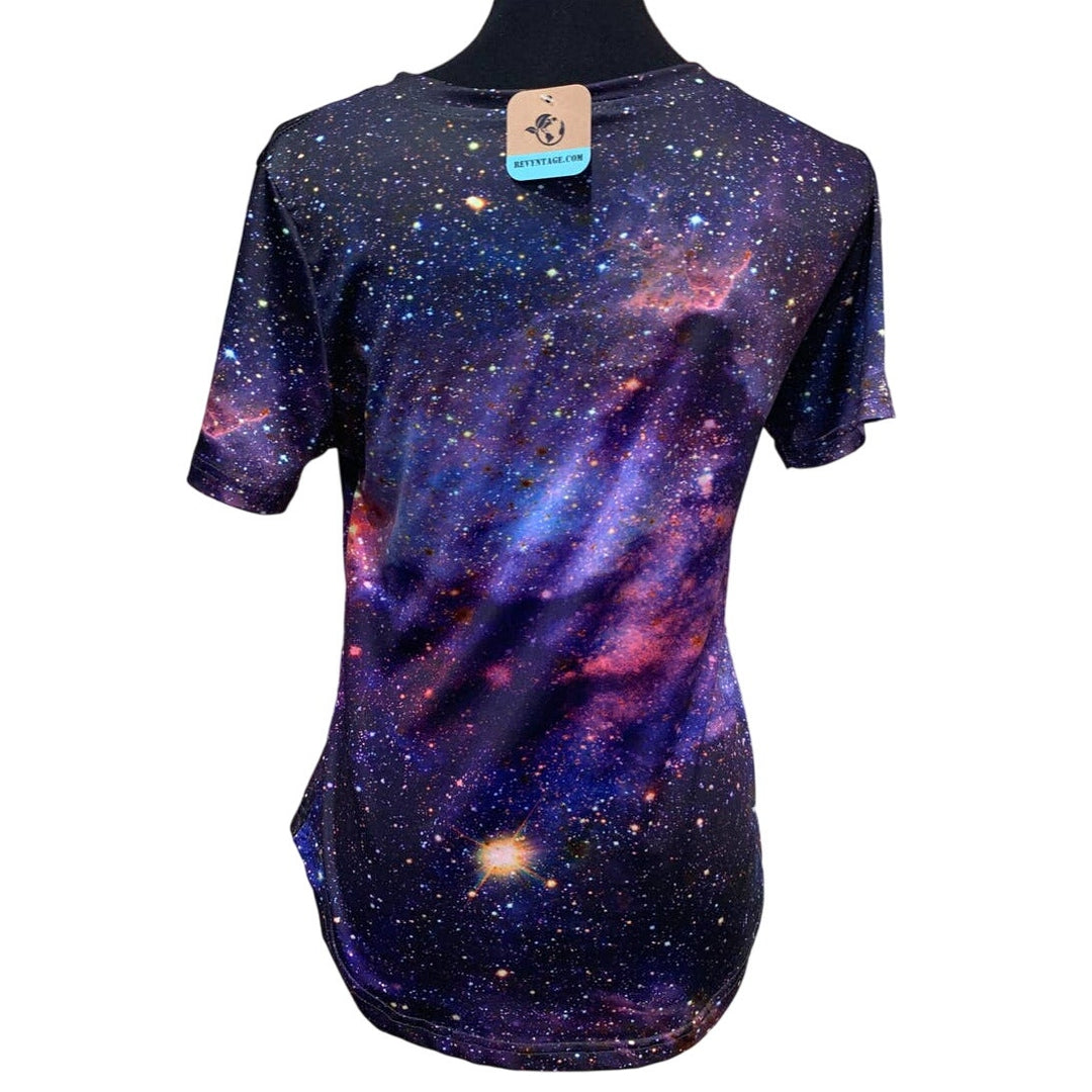 Hand Printed Upcycled Womens Small Saving the Planet is My Superpower Cosmic Tee