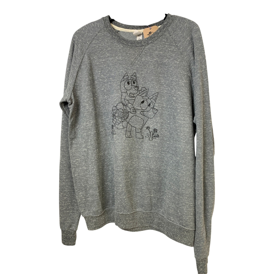 Upcycled Hand Printed Womens Large Bluey Bingo Easter Egg Long Sleeve Sweatshirt