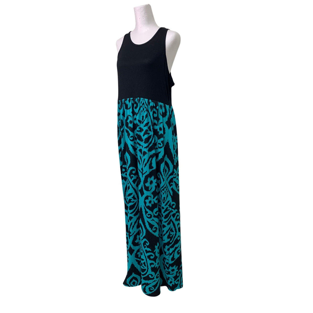 NWT New Grecerelle Womens XL Black Teal Sleeveless Abstract Floral Maxi Dress