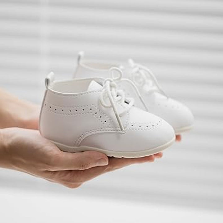 New Meckior Infant Baby 6-12 Mos White Lace Up Classic Faux Leather Crib Shoes
