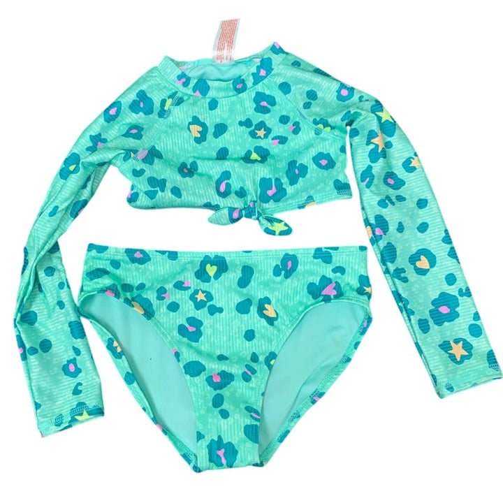 New Cat &amp; Jack Girls Large 10/12 Neon Leopard Long Sleeve 2PC Bikini Swim Suit