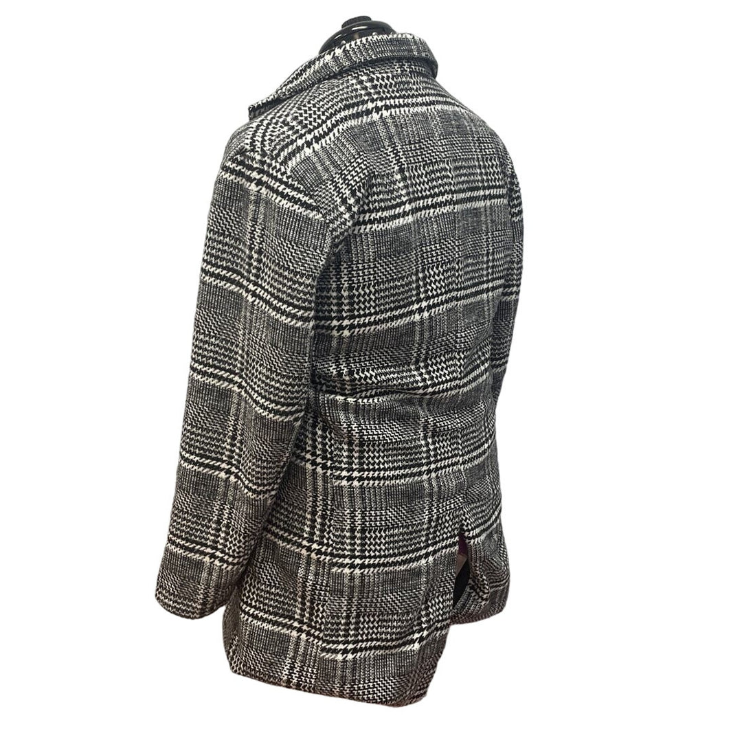 Womens Large Wool Blend Long Sleeve Front Button Black White Plaid Collared Coat