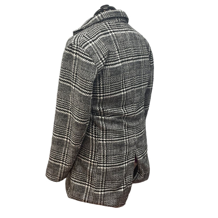 Womens Large Wool Blend Long Sleeve Front Button Black White Plaid Collared Coat