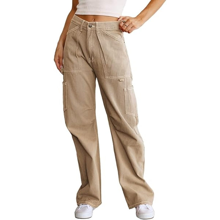 Dokotoo Womens Size 4 Beige Cotton Blend High Waist Wide Leg Baggy Cargo Pants