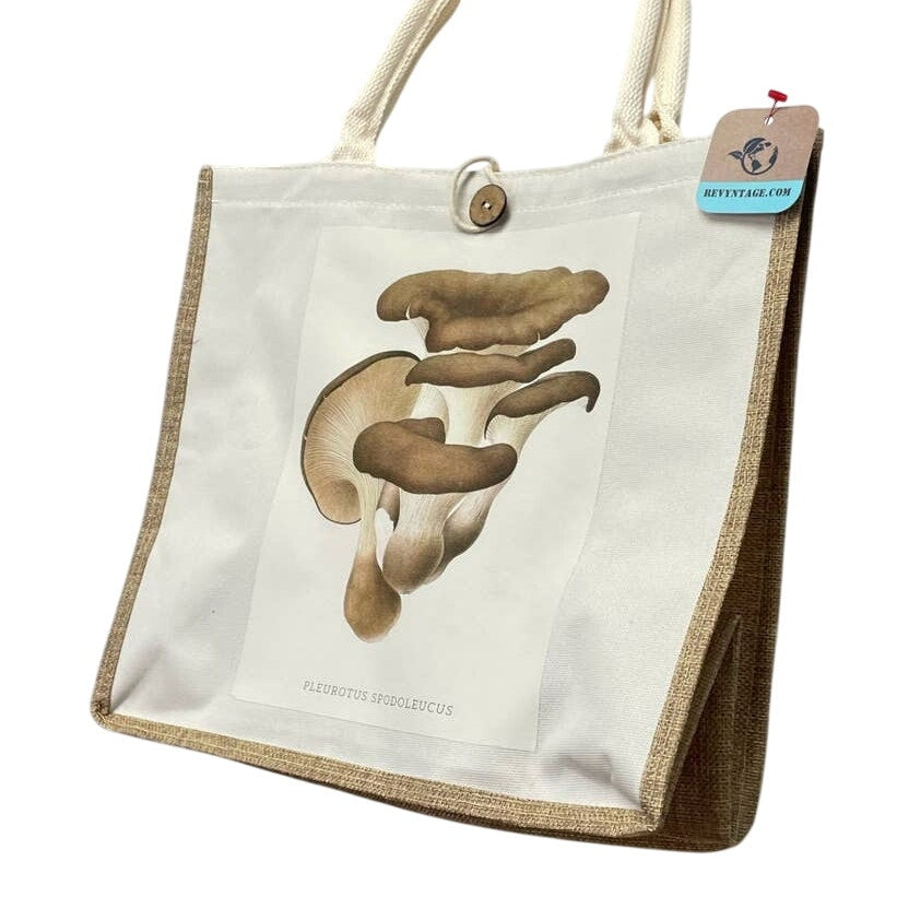Hand Printed Upcycled Oyster Mushroom Pleurotus Spodoleucus Canvas Tote Bag