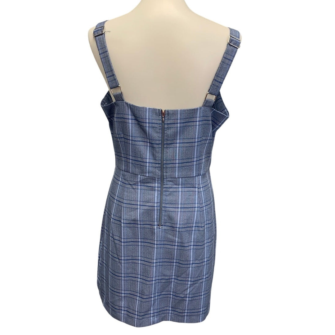 BeBop Womens Large Bib Front Blue Pink Plaid Chinched Waist Sheath Dress