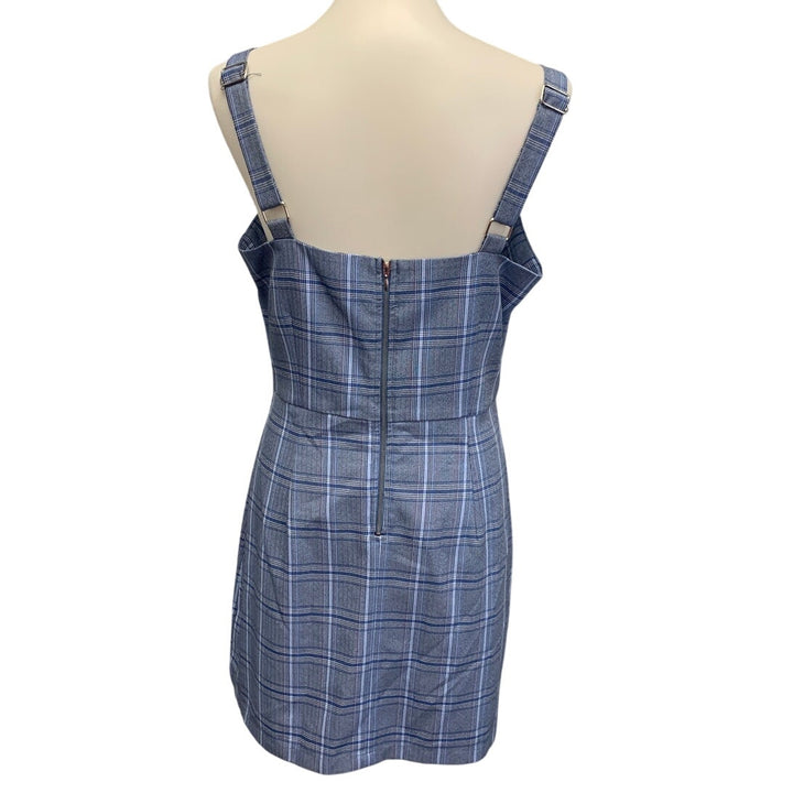 BeBop Womens Large Bib Front Blue Pink Plaid Chinched Waist Sheath Dress
