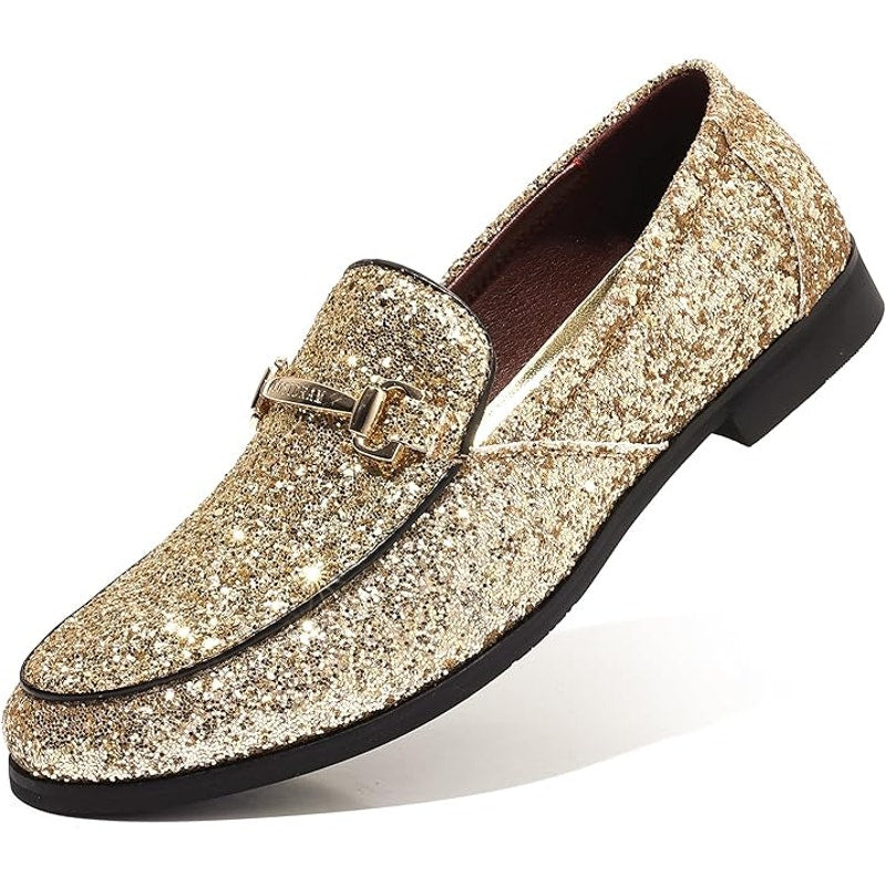 New Cosidram Mens Size 13 Gold Glitter Slide On Buckle Loafers Dress Shoes