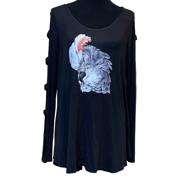 Upcycled Hand Printed Large White Cockatoo Parrot Ukraine Artist Fundraiser Tee