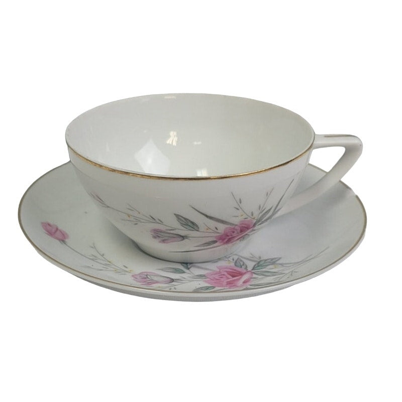 Vintage Golden Rose Flower Gold Rim Fine China Japan Teacup Saucer Set