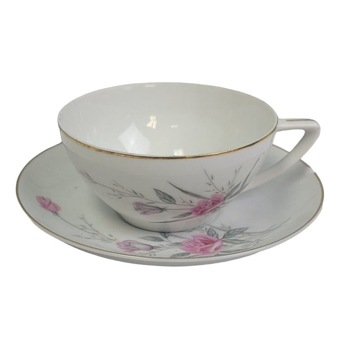 Vintage Golden Rose Flower Gold Rim Fine China Japan Teacup Saucer Set